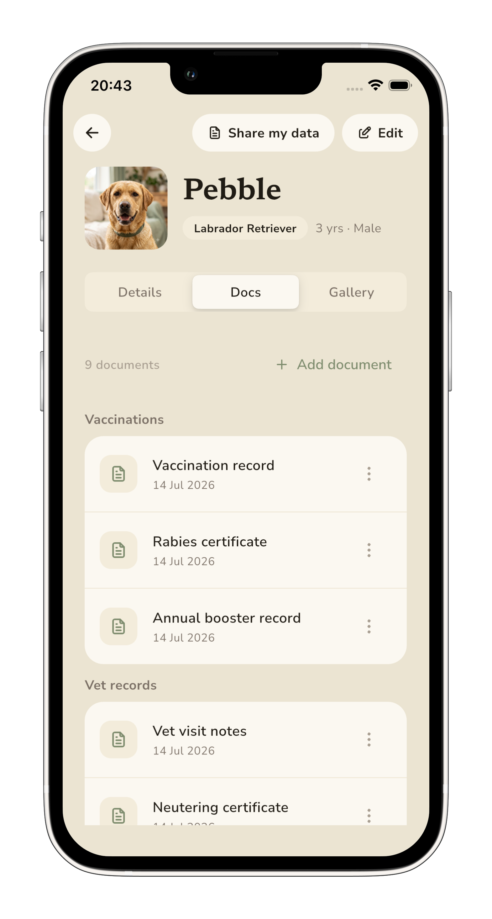 Documents tab for Pebble showing vaccination records, rabies certificate, and vet notes grouped by category.