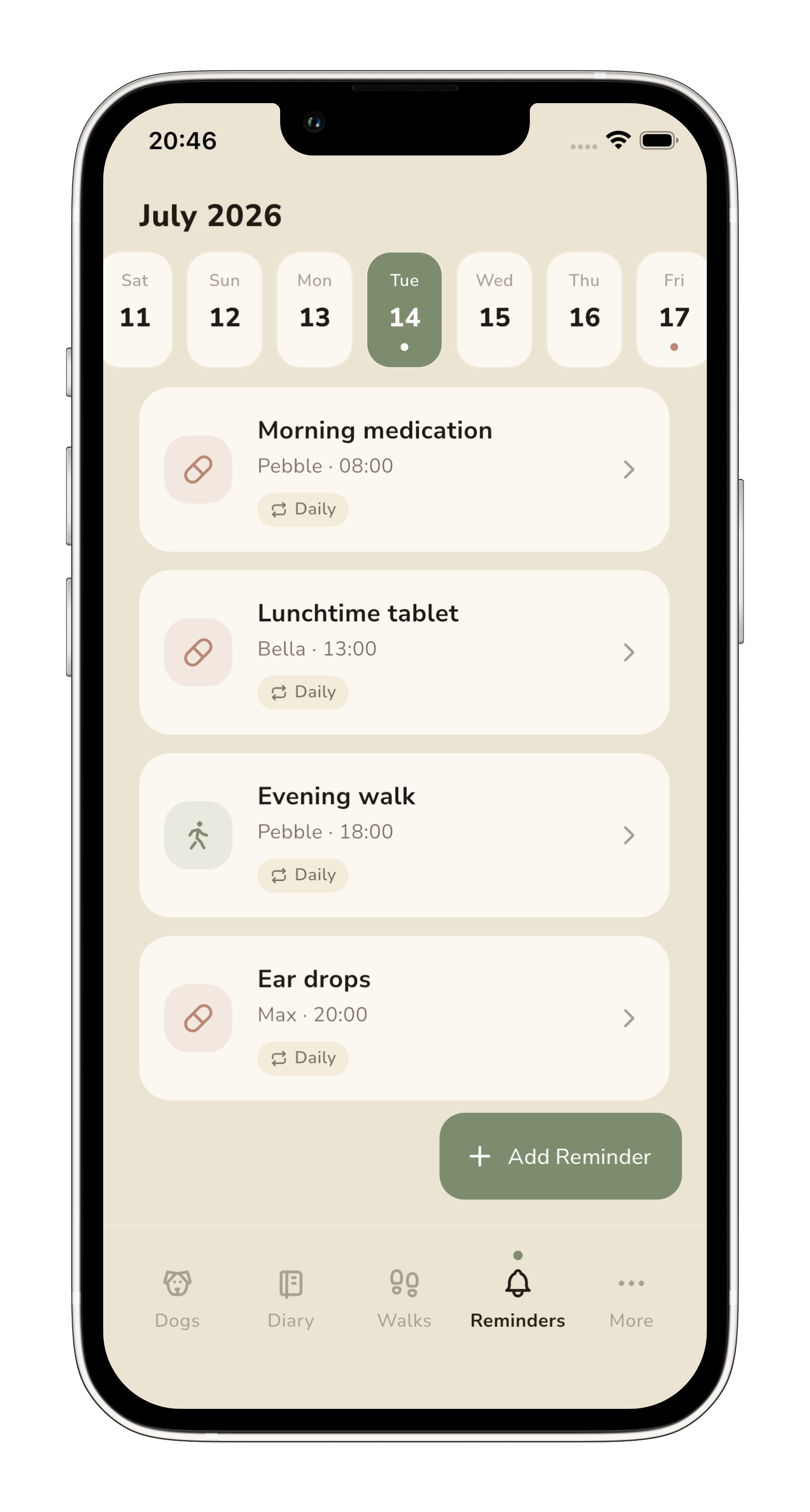 Reminders for today in Pebble — morning medication, lunchtime tablet, evening walk and ear drops.