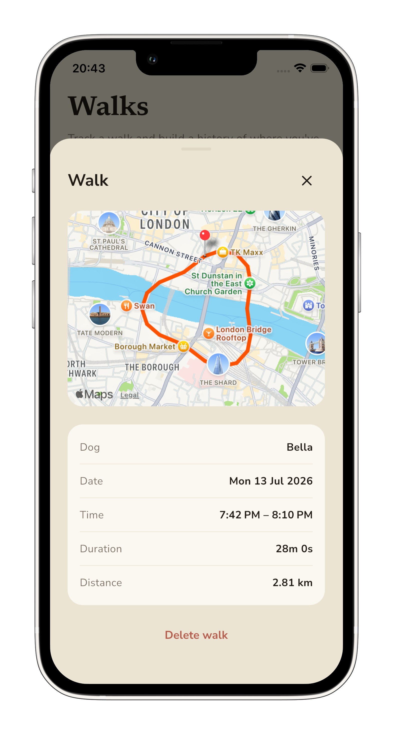 A completed walk in Pebble around Borough Market, London, drawn as a route on an Apple map.